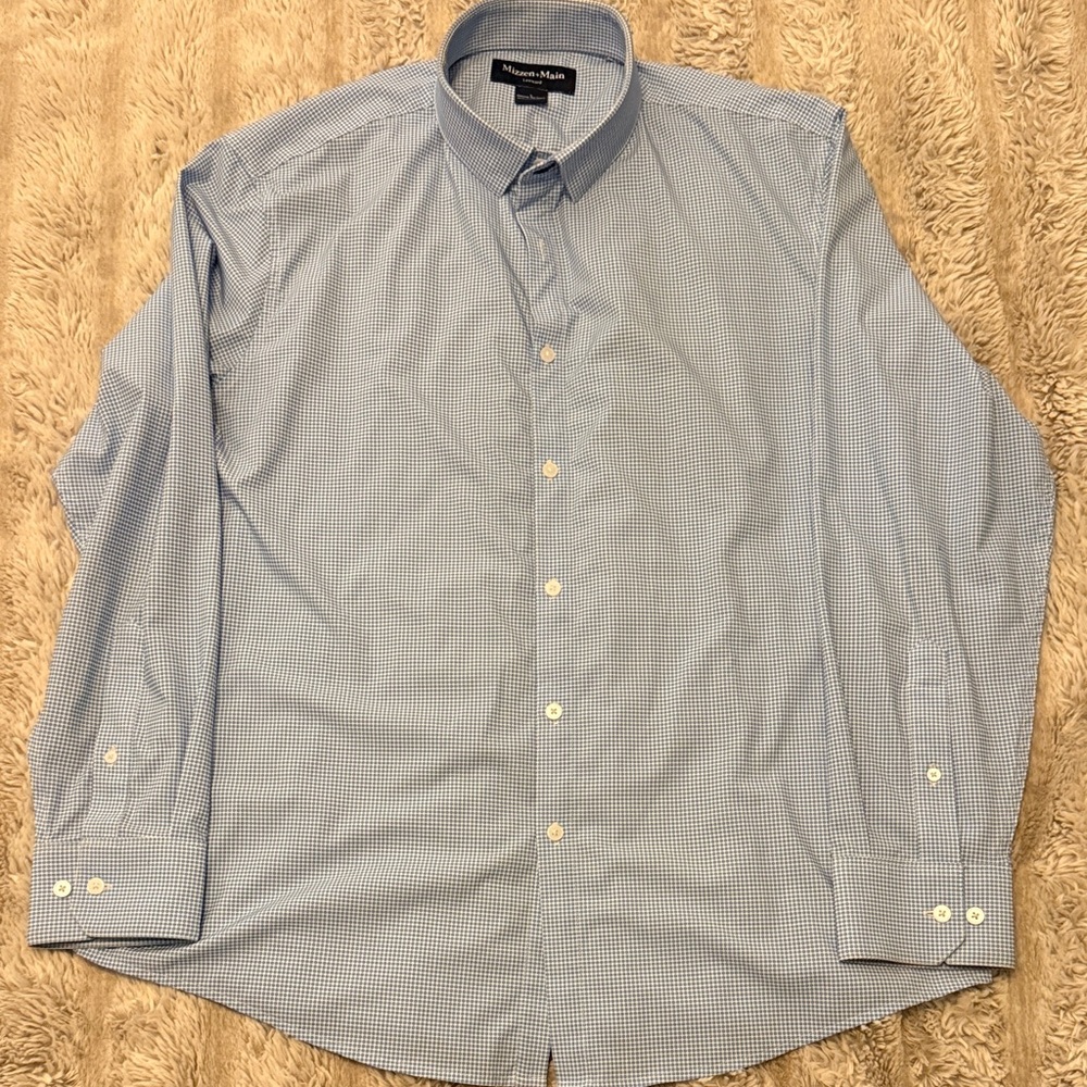 Mizzen+Main Light Blue dotted Dress Shirt L no tuck